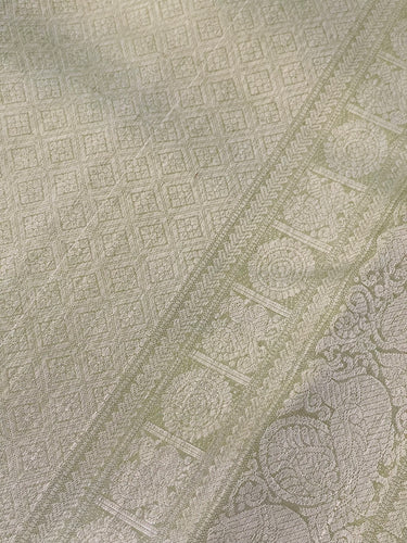 ShopNaya Exclusive | Metallic Kanchipuram Pure Silk Saree | Pastel Green | Pure Silver Zari | Handwoven | Ships from California